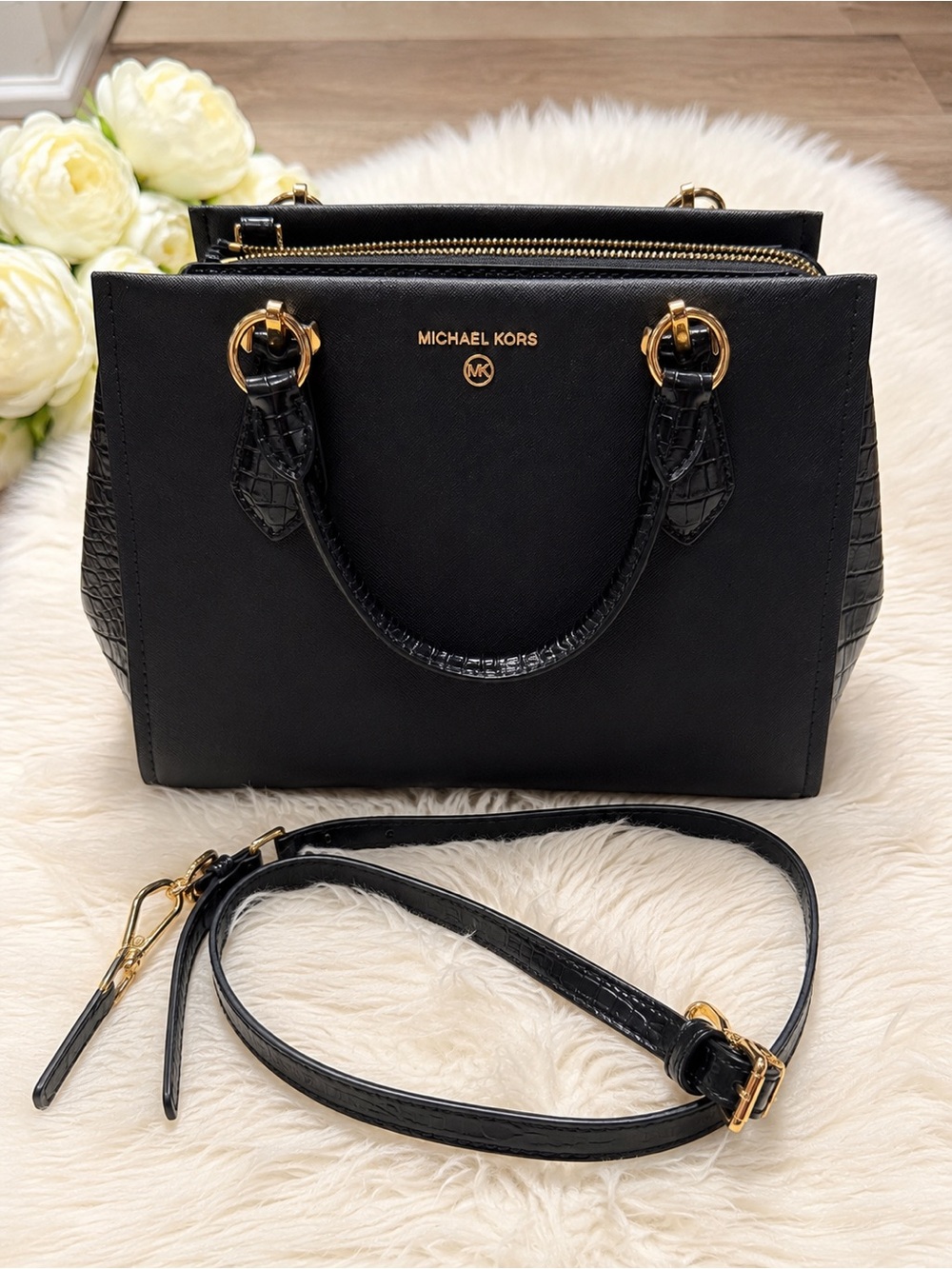 Michael Kors Black Structured Top-Handle Satchel with Gold Hardware